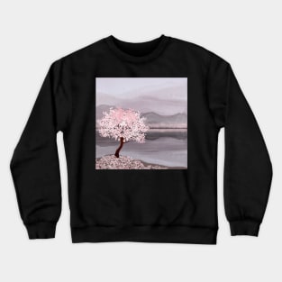 Cherry blossom tree on mountain and water landscape watercolor illustration Spring Japanese scenery Crewneck Sweatshirt